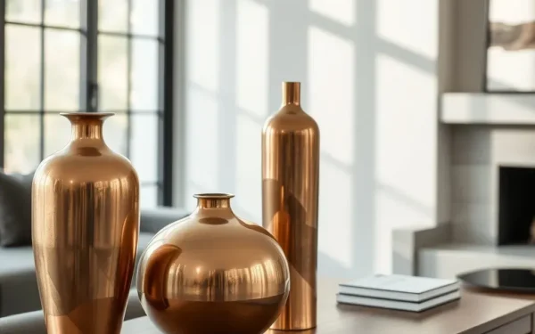 Styling handmade metal decor featuring brass and copper vases on a wooden console table in a modern home.
