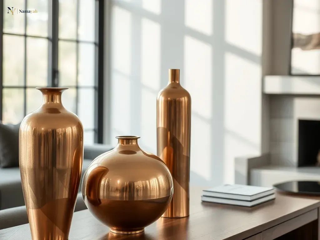 Styling handmade metal decor featuring brass and copper vases on a wooden console table in a modern home.