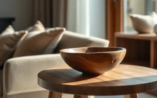 A beautifully crafted wooden bowl displayed on a polished oak side table in a bright, modern living room setting.