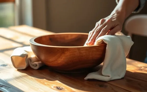 Close-up of hands polishing a handcrafted wooden bowl with a soft cloth to maintain its finish.