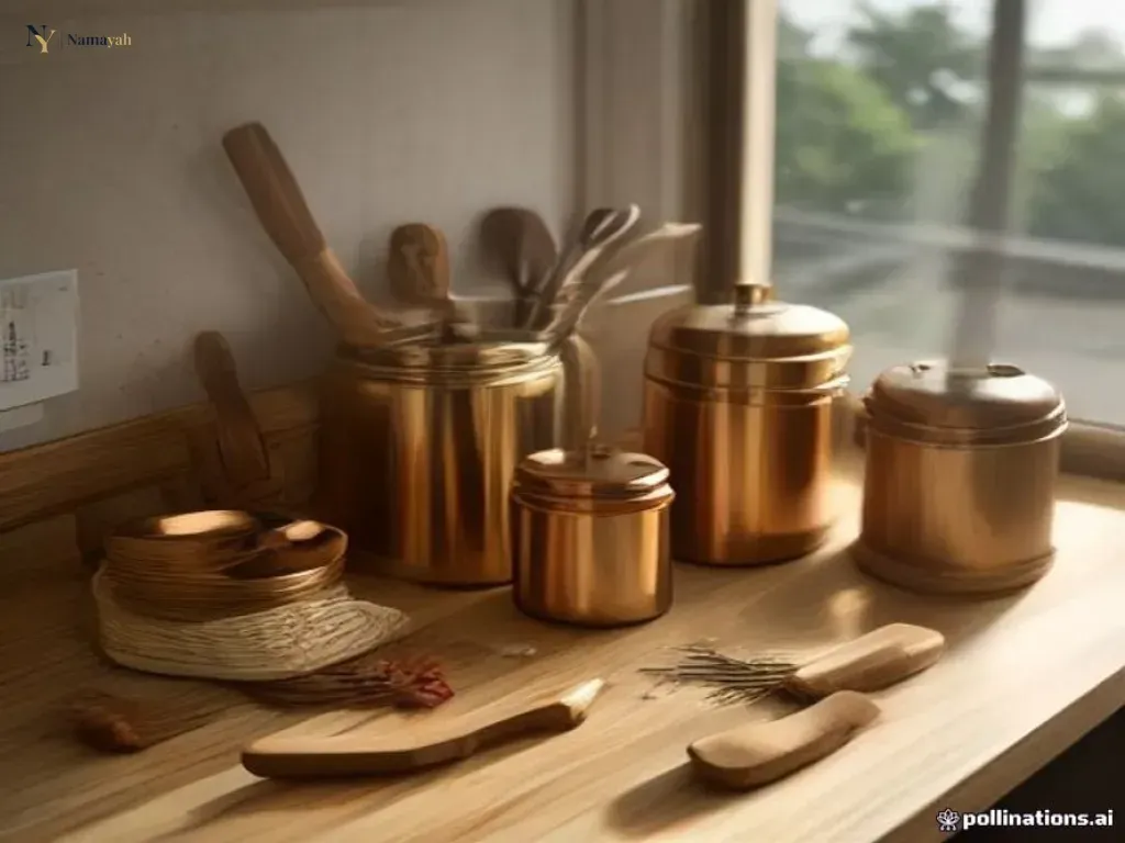 Sustainable kitchen organization featuring handcrafted wooden and brass kitchenware on a clean, modern countertop.