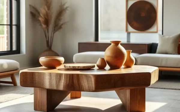 Artisan wooden home accents displayed in a luxury modern living room.
