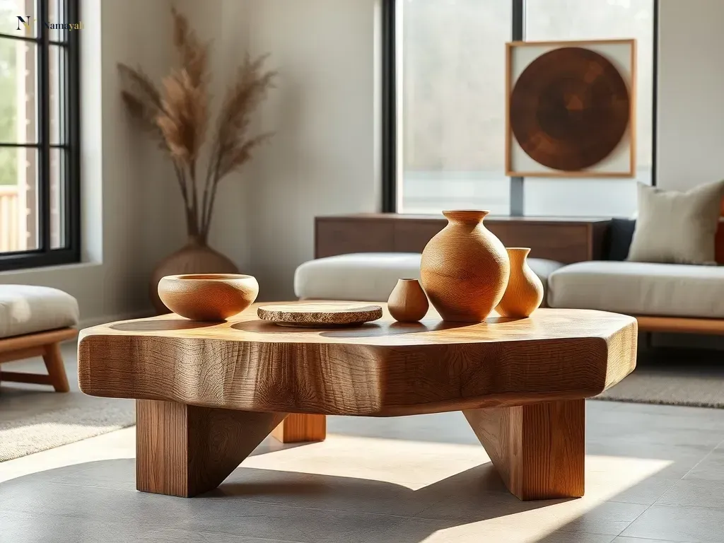 Artisan wooden home accents displayed in a luxury modern living room.