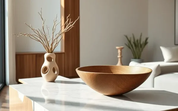 Styling artisanal wooden home decor on a modern marble console table in a bright living room.