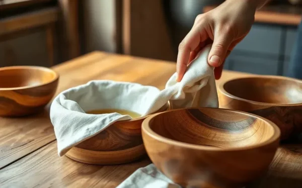 Close-up of artisan wooden serveware being carefully maintained and oiled on a rustic wooden table in a sunlit kitchen.