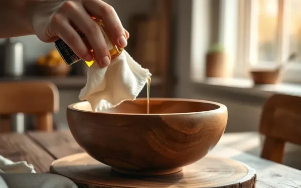 Close-up of hands applying oil to handcrafted artisan wooden serveware for proper maintenance and care.