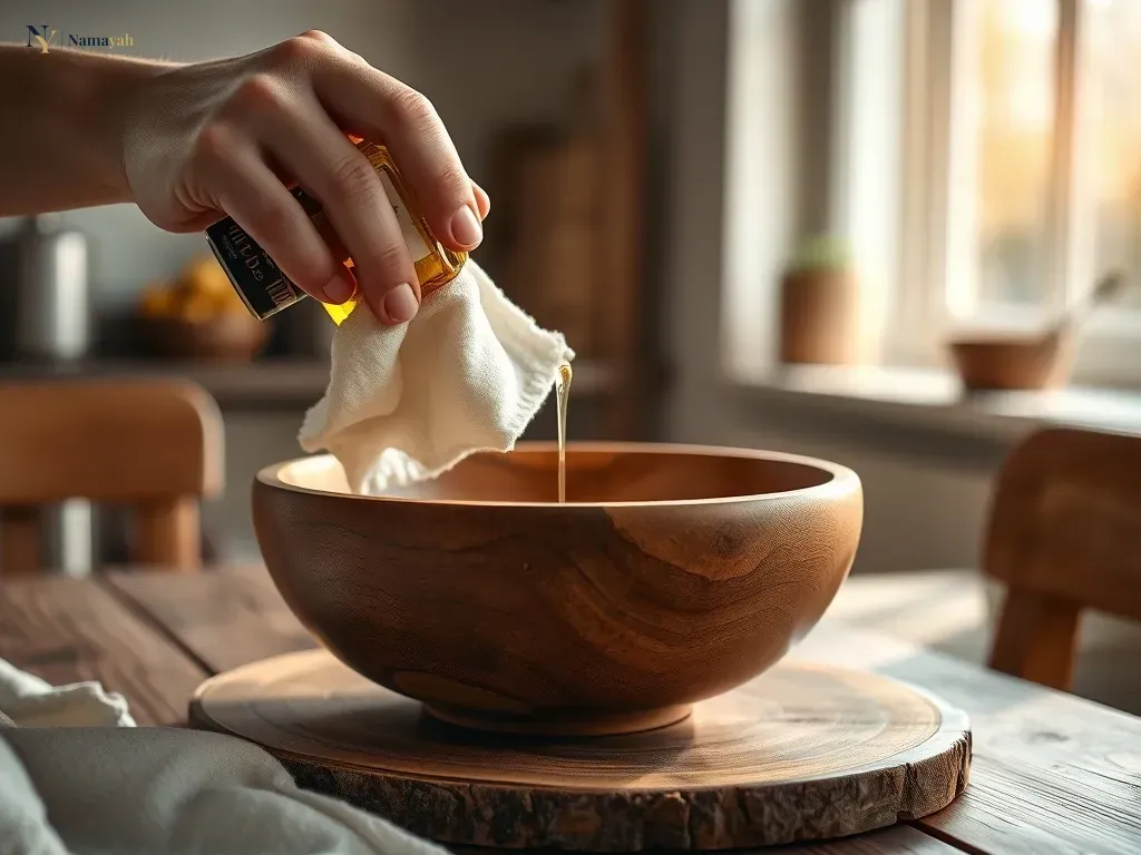 Close-up of hands applying oil to handcrafted artisan wooden serveware for proper maintenance and care.
