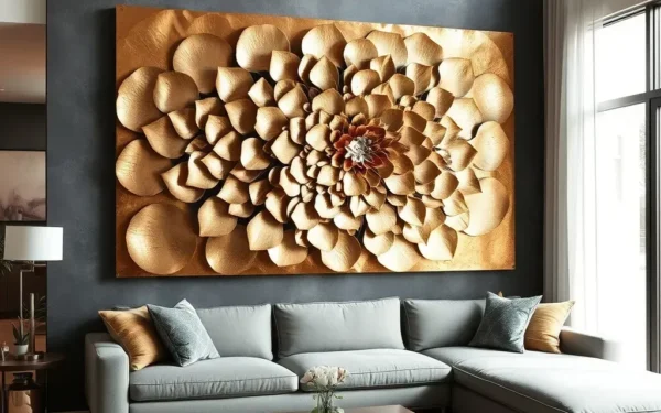 A sophisticated handcrafted metal wall art piece made of brass and copper displayed on a modern luxury living room wall.