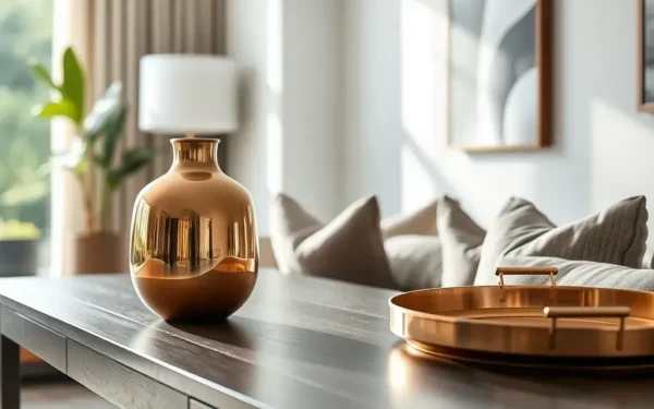 A stylish living room interior featuring handcrafted brass and copper home decor accents on a wooden table.