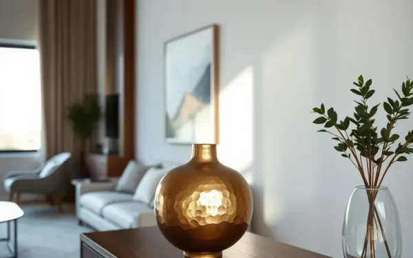 A close-up of a hand-hammered brass vase on a wooden console table, showcasing elegant styling of artisan brass decor in a modern home interior.
