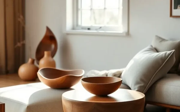 Styling artisanal wooden decor in a modern home with a hand-carved wooden bowl on a teak side table in natural light.