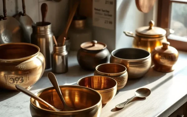 A collection of artisanal brass, copper, and wooden kitchenware displayed on a modern kitchen countertop in an Indian home.
