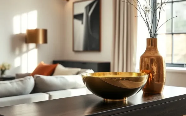 Styling artisanal metal accents like brass and copper bowls on a luxury wooden console table in a modern home.