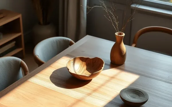 A beautifully styled wooden dining table featuring handcrafted artisan wooden decor pieces in a sunlit, elegant home setting.