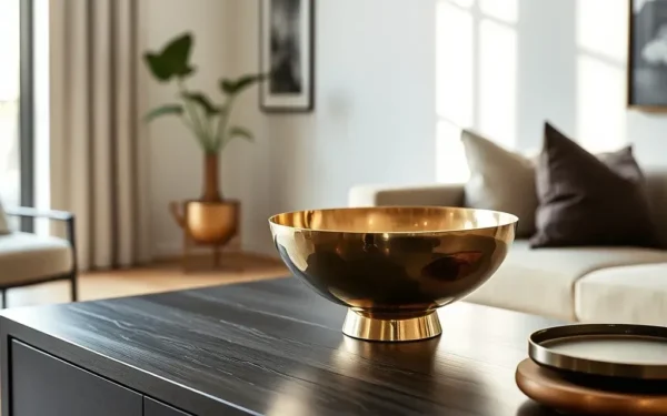 A close-up of handcrafted brass decor styled on a wooden console table in a bright, modern living room.