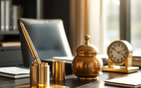A desk styled with elegant handcrafted brass decor in a modern office.