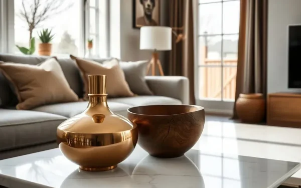 Styling artisan home decor featuring brass vases and wooden bowls in a modern luxury living room.