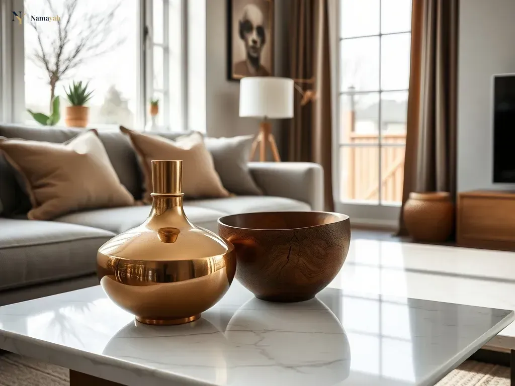 Styling artisan home decor featuring brass vases and wooden bowls in a modern luxury living room.