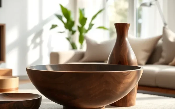 Close-up of luxury handcrafted wooden decor styled on a linen table in a bright, modern living room.