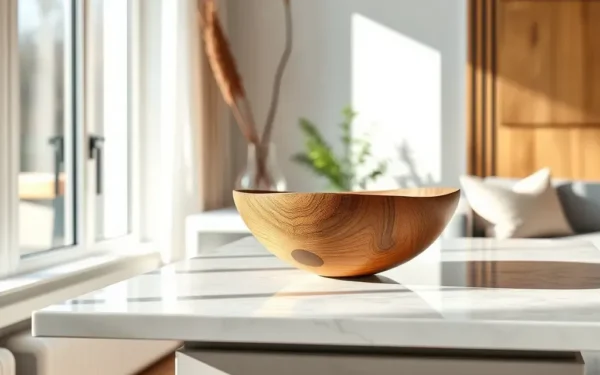 Styling artisan wooden decor on a marble console table in a sophisticated, sunlit living room.