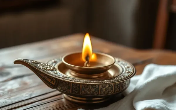 A polished, handcrafted Indian brass lamp on a wooden table, representing professional Indian brass decor maintenance.