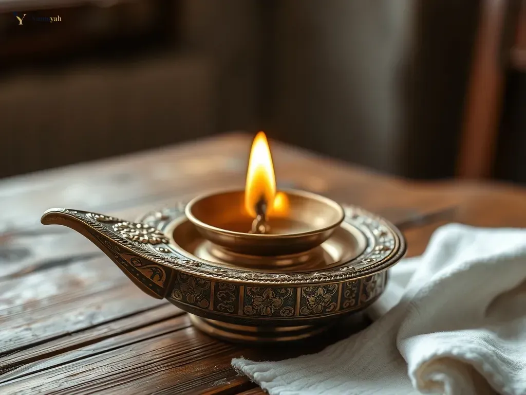 A polished, handcrafted Indian brass lamp on a wooden table, representing professional Indian brass decor maintenance.