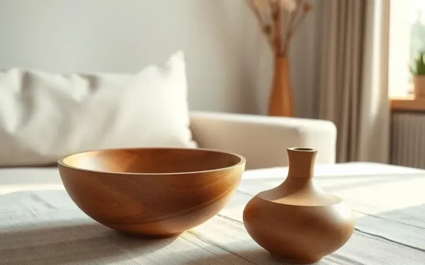 A beautifully styled wooden bowl and vase on a linen surface, representing timeless wooden home decor.