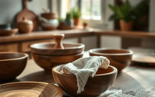 Close-up of artisan wooden serveware being maintained with oil on a rustic kitchen table to ensure longevity.