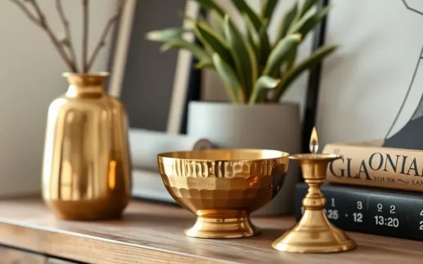 A curated display of polished and hammered brass home accents on a wooden shelf, showcasing elegant interior styling.