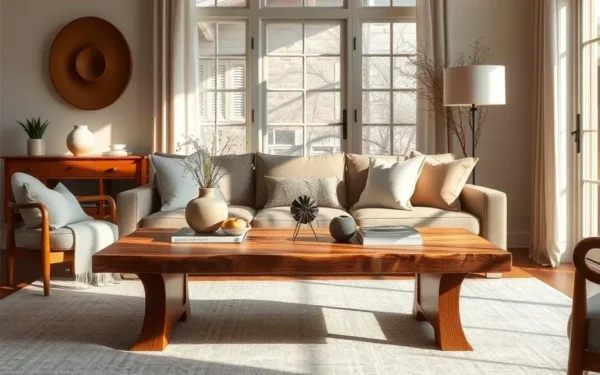 A sophisticated living room featuring artisanal wooden decor styling.