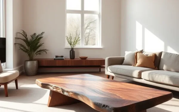 A modern living room interior showcasing the benefits of wooden home decor with natural light and rich wood textures.