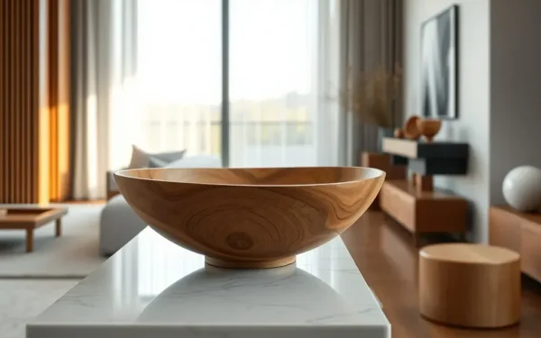 Elegant interior styling featuring handcrafted luxury wooden home decor on a marble console table in a sunlit room.