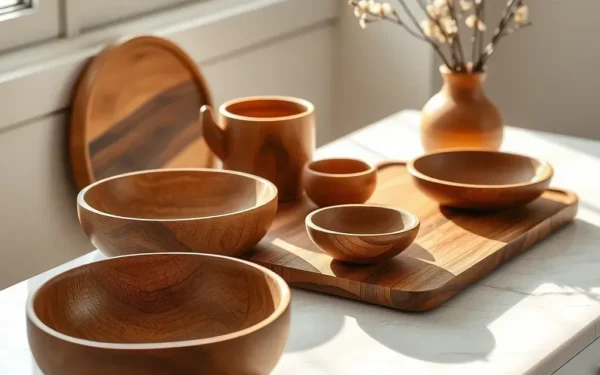 Selection of handcrafted artisan wooden home accessories displayed on a marble countertop in a modern living space.