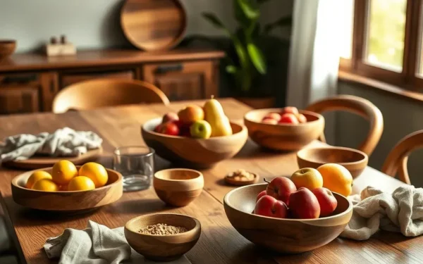 Elegant dining table styled with handcrafted wooden serveware and natural elements for a sophisticated home dining aesthetic.