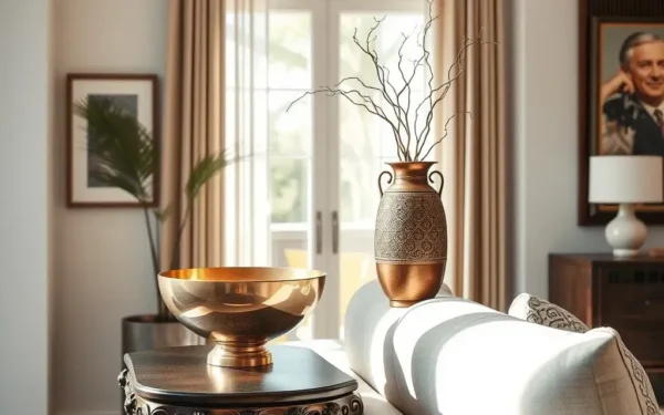 Luxury ethnic home accessories including handcrafted brass and copper decor in a modern, sunlit living room.