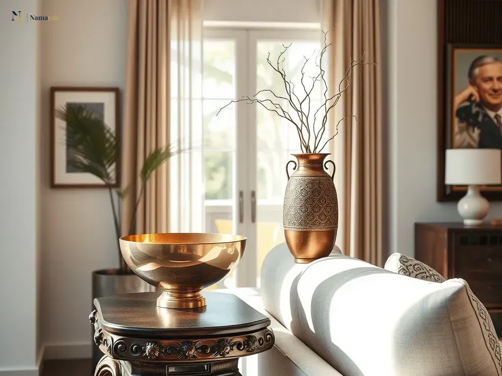 Luxury ethnic home accessories including handcrafted brass and copper decor in a modern, sunlit living room.
