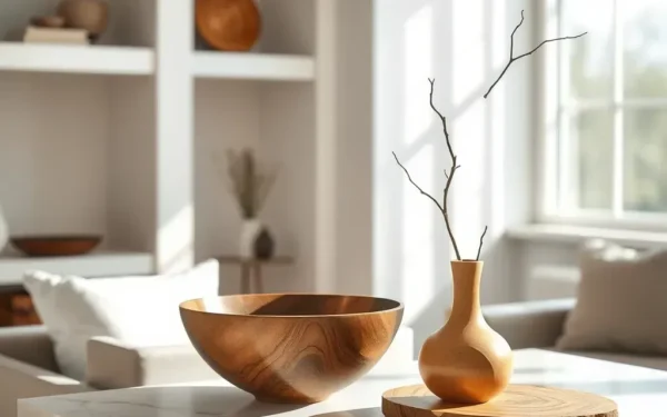 A beautifully styled wooden bowl and sculptural decor on a marble table, showcasing timeless wooden home decor.