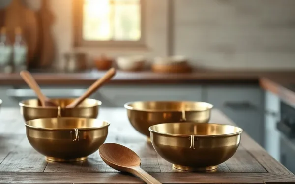 A collection of minimalist artisanal kitchenware including brass bowls and wooden spoons on a rustic kitchen counter.