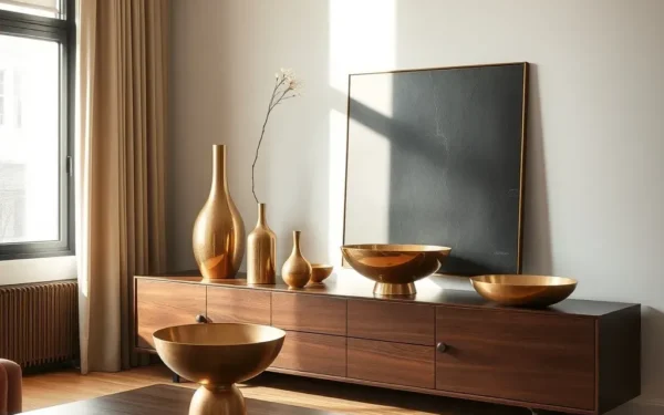 A sophisticated display of luxury brass home accessories on a wooden sideboard in a sunlit room.