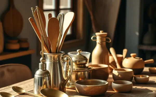 A curated display of handcrafted brass and wooden kitchenware on a rustic table, representing a professional wholesale partnership for artisanal home decor.