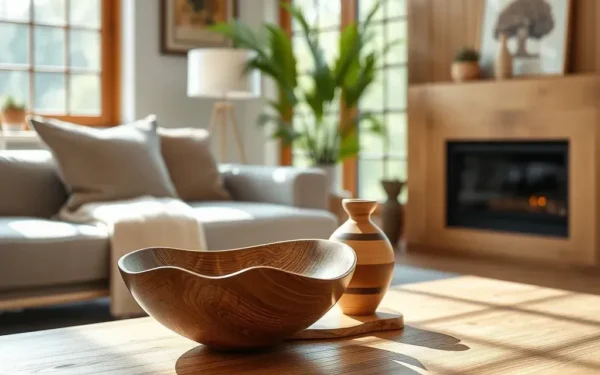 Artisan wooden decor styling featuring handcrafted wooden bowls and decor on a minimalist coffee table in a sunlit modern home.
