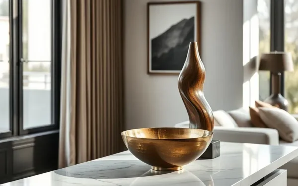 A curated display of artisanal brass and wooden home decor items on a modern marble console table in a luxury living space.