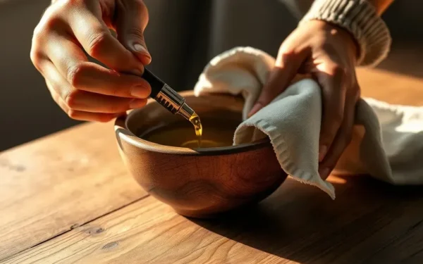Close-up of hands applying oil to handcrafted wooden home decor for maintenance and preservation.