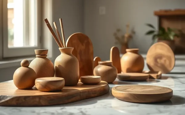 A selection of handcrafted wooden home accessories displayed elegantly on a marble surface in a sunlit room.