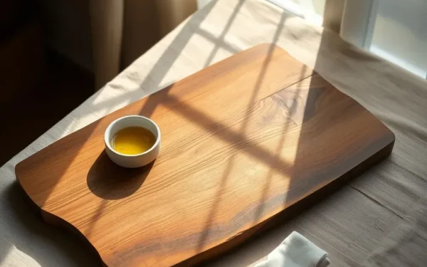 Artisan wooden serveware being cleaned and maintained on a rustic table.