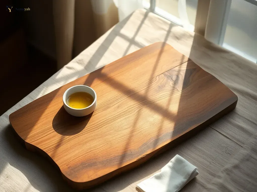Artisan wooden serveware being cleaned and maintained on a rustic table.