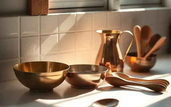 Handcrafted brass and copper kitchenware on a wooden surface representing sustainable kitchenware in India.