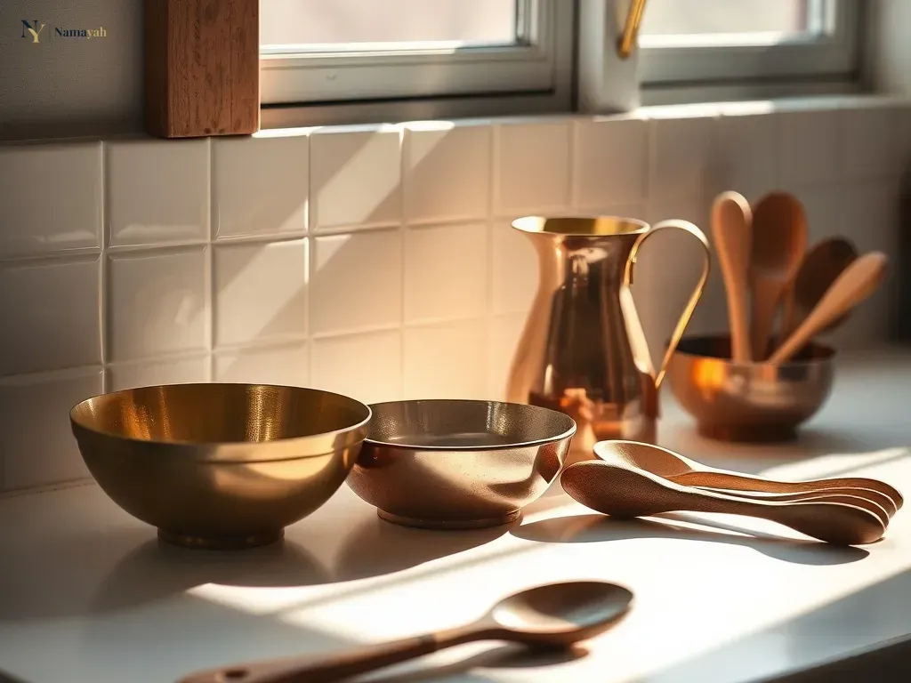 Handcrafted brass and copper kitchenware on a wooden surface representing sustainable kitchenware in India.