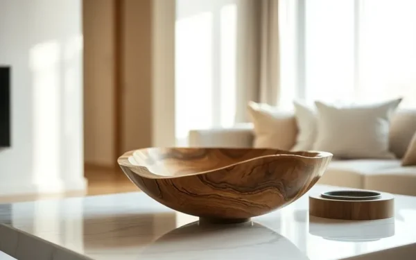 A hand-carved wooden bowl on a marble coffee table in a sunlit room, representing artisan wooden home decor.