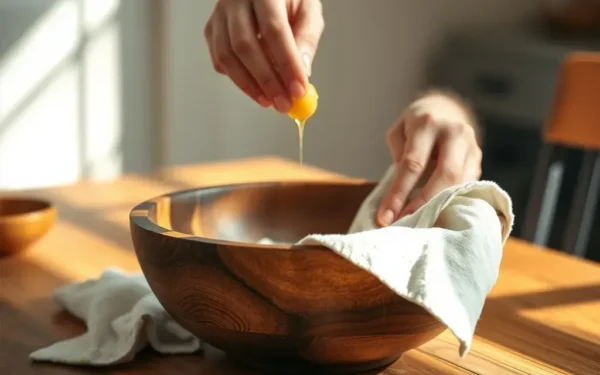 Close-up of hands applying polish to a handcrafted wooden bowl to ensure longevity and care.